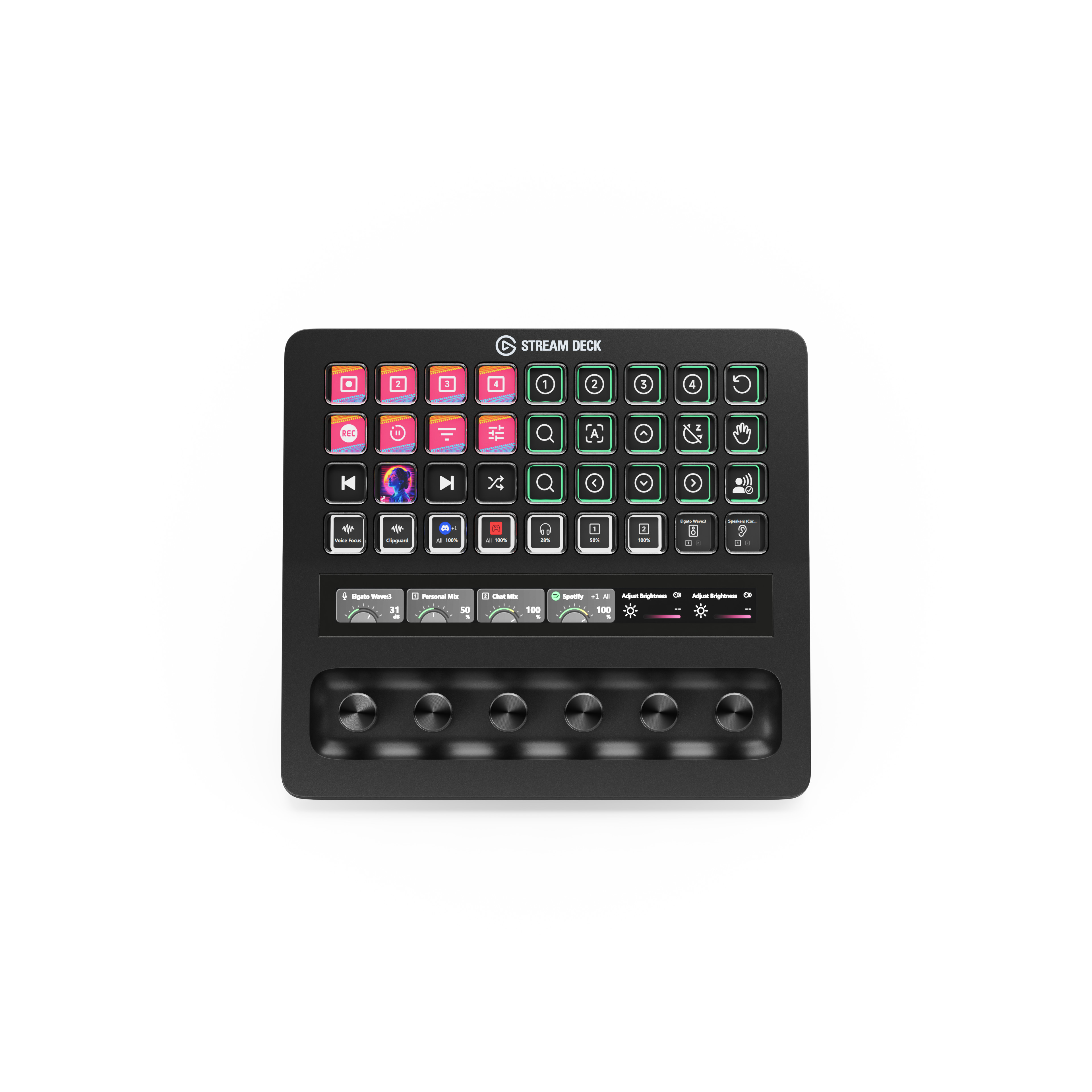 Elgato Stream Deck + XL control surface with LCD macro keys, dials, and touch strip