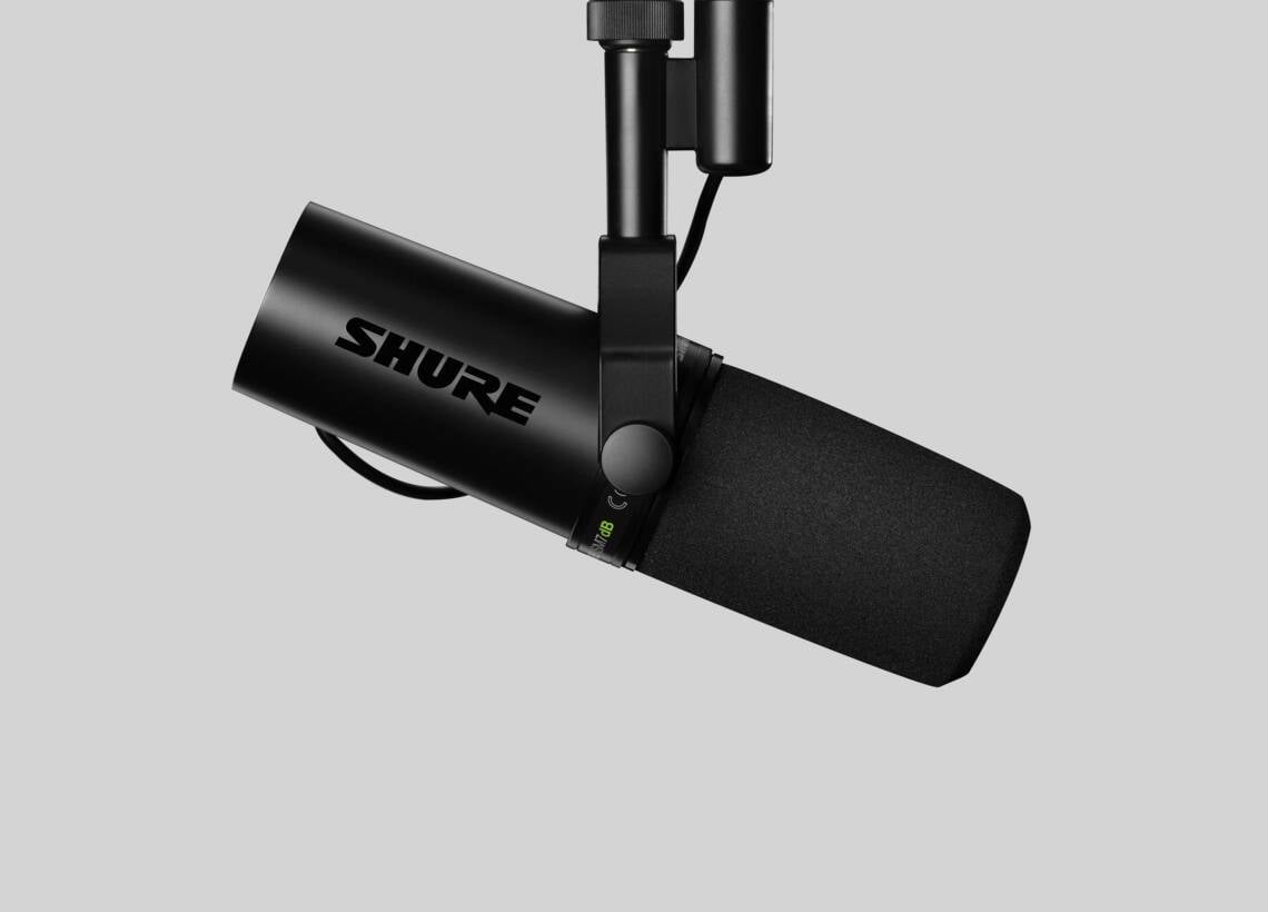 Shure SM7dB dynamic microphone on a boom arm